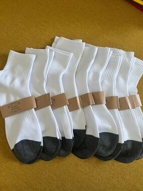 Unisex Thin White Crew Socks with Gray Toe - Pack of 9.